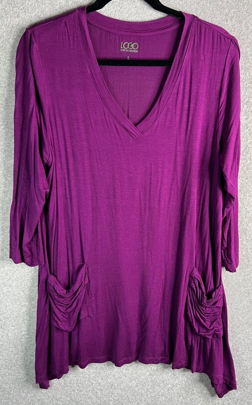 LOGO Lori Goldstein Tunic Top L Purple V Neck 3/4 Sleeve Pockets Stretch